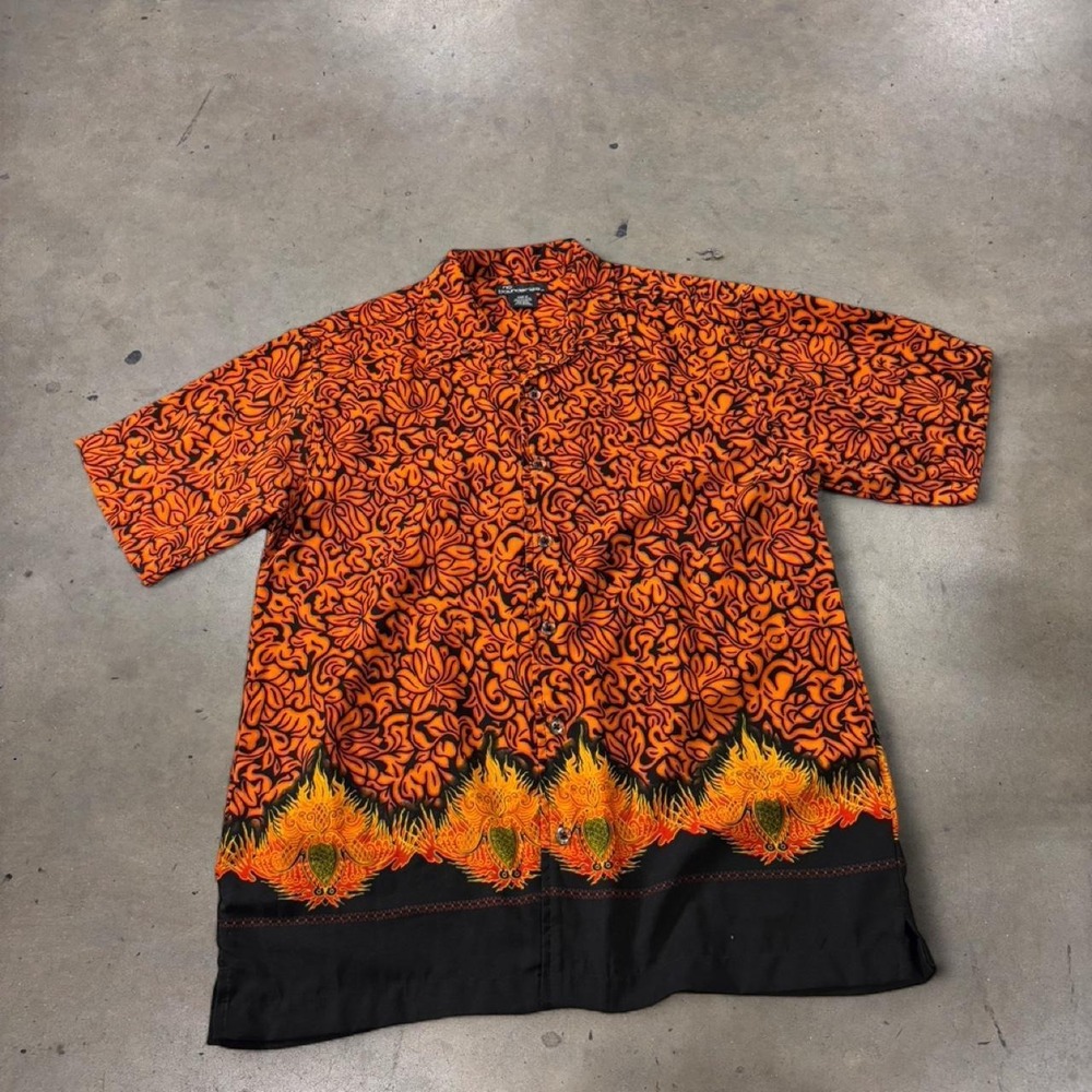 No Boundaries Orange Black Floral Flame Button Up Shirt Mens M Y2K NB12F028